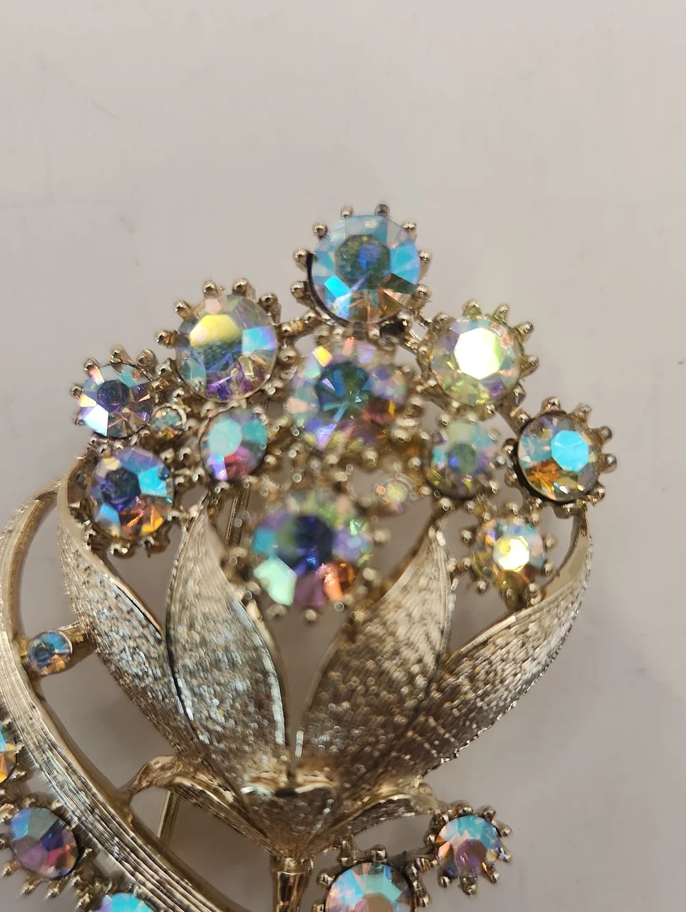 Vintage Signed CORO Brooch Silver Tone w/ Aurora Borealis Rhinestones